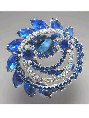 Vintage Juliana Brooch Blue AB Rhinestones Tiered Moonglow Cats Eye Statement